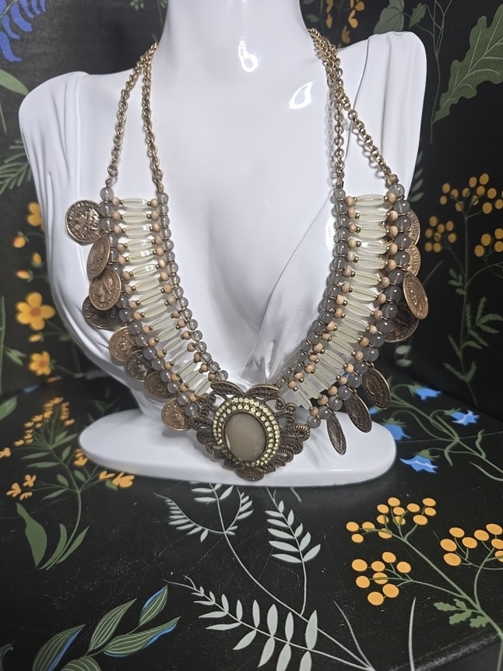 Vintage Bohemian Cream and Antique Gold Coin Statement Necklace